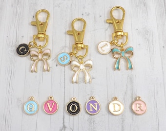Personalized Pink Bow Bag Charm, White, Turquoise Bow Purse Charm, Coquette Enamel and Gold Keychain