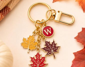 Personalized Maple Leaf Initial Keychain, Fall Bag Charm, Autumn Gift