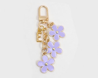 Purple Flower Bag Charm – Personalized Enamel Lavender Initial Keychain – Summer Gold Purse Accessory