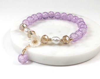 White Magnolia Flower Beaded Bracelet with Purple Cracked Glass Beads