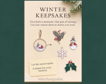 Winter Interchangeable 18K Gold Filled Earrings, Snowflake, Holly, Pinecone, Snowman