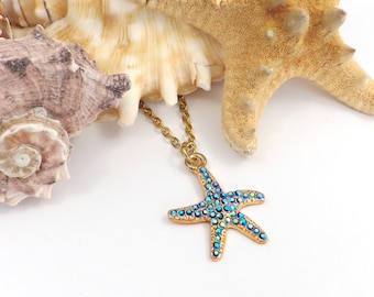 Starfish Necklace, Ocean-Inspired Pendant with Blue Aurora Crystals on Gold Stainless Steel Chain, Beach Wedding Jewelry Gift