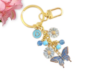 Personalized Blue Enamel Butterfly & Flower Initial Keychain – Summer Bag Charm