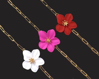 Hibiscus Tropical Enamel Flower Bracelet - Boho Beach Jewelry, Gold Paperclip Chain
