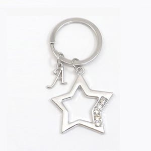 Silver Star Keychain with Rhinestones and Personalized Initial, Purse Charm