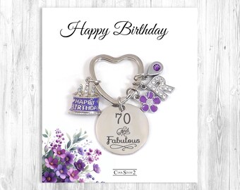 70th Birthday Gift for Friend, Mom or Coworker, Deluxe 70 and Fabulous Keychain with Personalized Initial, Birthstone