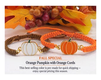 Pumpkin Bracelet, Orange or White Enamel Pumpkin, Adjustable Woven Braided Bracelet for Fall, Autumn, Thanksgiving or Halloween