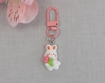 Pink Bunny and Tulip Purse Charm, White Easter Bunny Rabbit Backpack Charm, Zipper Pull