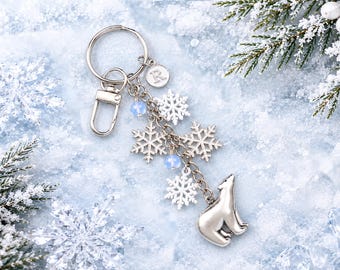 Personalized Polar Bear Keychain, Snowflake Bag Charm, Winter Accessory, Christmas Gift