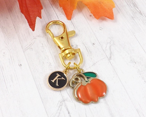 Personalized Pumpkin Bag Charm, Fall Purse Charm with Enamel Initial
