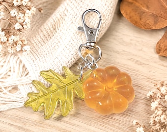 Orange Pumpkin and Green Leaf Bag Charm - 3D Fall Purse Charm - Lightweight Resin