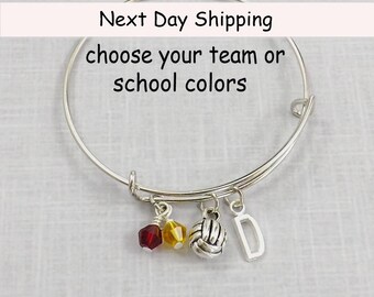 Volleyball Bangle Bracelet, Volleyball Bracelet, Volleyball Charm, School Colors, Personalized Initial, Team Gift, Volleyball Team Jewelry