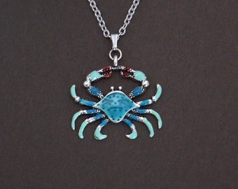 Enamel Blue Crab Necklace with Stainless Steel Chain, Beach Jewelry, Sea Animal Ocean Necklace, Chesapeake or Maryland Crab