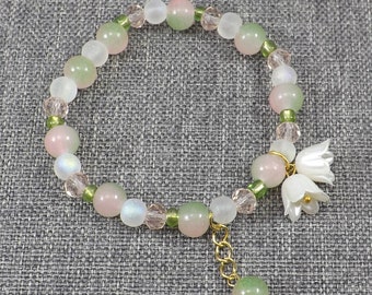 Bell Flower Beaded Bracelet with Variegated Pink and Green Beads, a Beautiful Lily of the Valley Spring Accessory