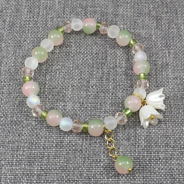 Bell Flower Beaded Bracelet with Variegated Pink and Green Beads, a Beautiful Lily of the Valley Spring Accessory