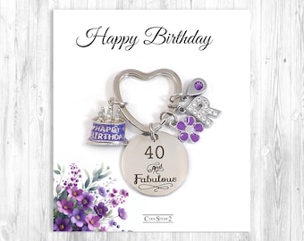 40th Birthday Gift, Deluxe 40 and Fabulous Keychain with Personalized Initial and Birthstone