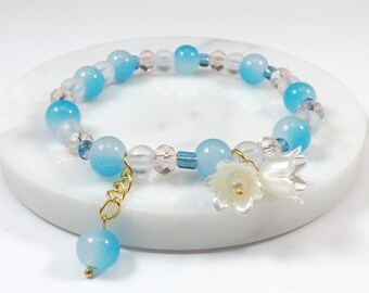 Lily of the Valley Bell Flower Beaded Bracelet with Blue Beads, a Beautiful Spring Accessory