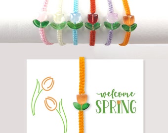 Spring Bracelet with Glass Tulip Beads, Adjustable