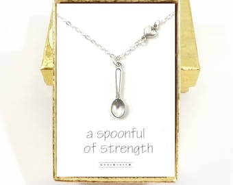 May include: A silver necklace with a small spoon charm and a heart charm. The necklace is in a gold box with a white card that reads "a spoonful of strength".