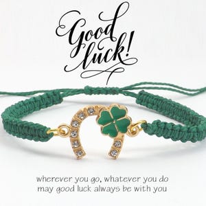 Four Leaf Clover Bracelet, Good Luck Rhinestone Horseshoe with Green Enamel Shamrock Adjustable Bracelet St Patricks Day Gift for Her or Him