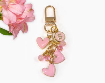 Personalized Pink Enamel Heart Beaded Keychain – Custom Initial Bag Charm