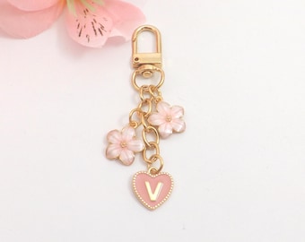 Pink Cherry Blossom Purse Bag Charm with Personalized Heart Initial, Enamel Cherry Blossom Flower and Enamel Heart Initial