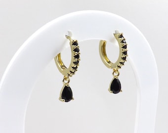 Dainty Black Cubic Zirconia Huggie Earrings • 8mm Gold Plated Hoops • Teardrop CZ Dangles