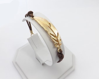 Gold Feather Bracelet on Brown Woven Cord – Adjustable Boho Jewelry