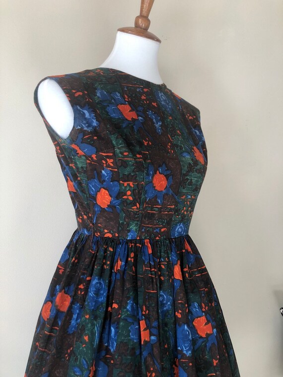 50s dress / 50s cotton deep V dress /50s low back