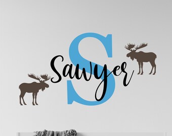 Moose Wall Decal for Kids Room - Personalized Moose Wall Decals - Initial with Name Kids Decals -Nursery Decor Moose