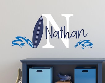 Surf Wall Decal  - Initial Name Decal - Nursery Surf Decal - Kids surf decal - Beach nursery - custom surfing decal - monogram - Gift