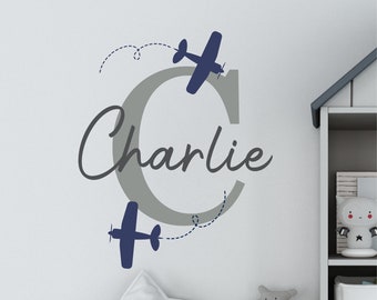 Airplane Wall Decal with Kids Name and Airplanes and Clouds - Personalized Airplane Decal - Custom Airplane and Clouds Name Sticker