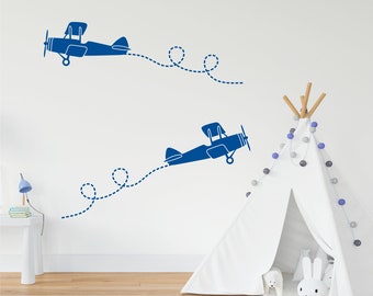 Airplane biplane Wall Decal Set - Set of 2 Airplane Decals, Kids Room Airplane Decor, Biplane Wall Art Nursery Room Airplane Decals