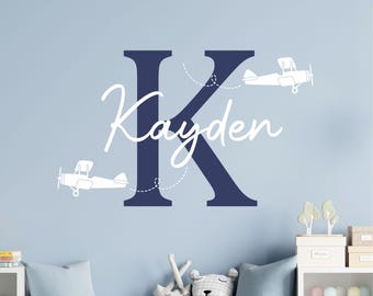 Airplane Biplane Wall Decal with Kids Name Initial and Airplanes - Personalized Airplane Wall Decal - Airplane Gift