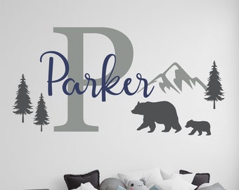 Kids Forest Bear Pine Trees Mountain Wall Decal - Personalized Bear and Mountains Wall Decals - Initial with Name Kids Decals -Nursery Decor