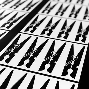 May include: A repeating pattern of black and white clothespin illustrations. The clothespins are arranged in rows and columns on a white background, with a black border separating the rows. The design is simple and graphic.