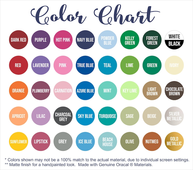 May include: A color chart with a variety of color swatches, including shades of red, purple, pink, blue, green, and brown. The chart includes the text "Color Chart" at the top and a disclaimer at the bottom.