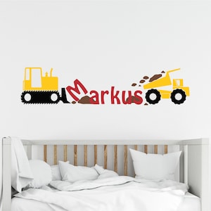 Customizable Wall Decal Set for Baby Nursery Décor, Transportation Theme with Dump Truck and Excavator, Personalized with Your Child's Name