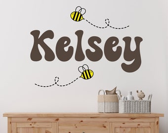 Bumble Bee with Name Decals - Custom Retro Name Wall Decal with Bees – Personalized Baby Nursery Decor – Vinyl Name Sticker for Kids Room