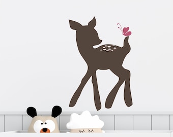 Deer Fawn Wall Decal, Deer with Butterfly Vinyl Wall Decals, Fawn Nursery Decal, Fawn Deer Forest Themed Nursery