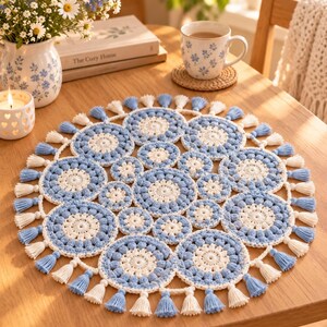 Crochet Round Table Runner Pattern, Blue Cream Mandala, Boho Crochet Table Runner, Crochet Table Topper, Crochet Table Runner Round PDF
