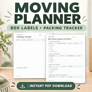 Op de afbeelding: Een digitaal verhuisplanner-document met twee witte pagina's met zwarte tekst. De linkerpagina is een inpaktracker met kolommen voor doosnummer, kamer en inhoud. De rechterpagina bevat checklists voor nieuwe logistiek en nutsvoorzieningen.
