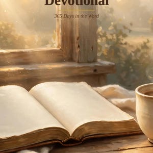 以下が含まれることがあります： Bonnie J Workman著「My Daily Devotional: 365 Days in the Word」というタイトルの本。開いた本が木製の表面に置かれ、その横には湯気の立つマグカップがある。背景には窓があり、柔らかな日差しが差し込む屋外の風景が見える。