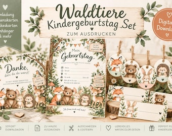 Waldtiere Kindergeburtstag Set zum Ausdrucken | Einladung, Namenskarten & Dankeskarten | Digitaler Download
