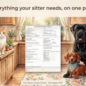 Pet Sitter Instructions Printable | Dog and Cat Sitter Cheat Sheet, Vet Authorization Form, Daily Paw Log, Emergency Contacts, US Letter