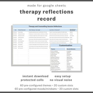 May include: A digital therapy reflections record for Google Sheets featuring a main session log and a customization tab. The layout includes columns for dates, themes, takeaways, homework, and moods. Text includes "made for google sheets" and "therapy reflections record."