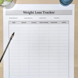 Könnte beinhalten: Ein weißes Papierblatt zur Gewichtsverfolgung mit einer grauen Kopfzeile und dem Text Weight Loss Tracker. Das Raster enthält Spalten für Datum, Gewicht, Änderung, Gesamtänderung, Meilenstein und Notizen. Ein schwarzer Kugelschreiber liegt links.