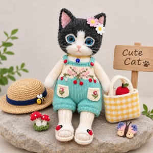 Puede incluir: Una muñeca de gato tejida a ganchillo en blanco y negro con un peto turquesa bordado con flores, un sombrero de paja con una abeja, un bolso de cuadros amarillos con una manzana roja, dos setas rojas pequeñas y una mariposa. Un letrero de madera dice Cute Cat.