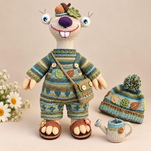 May include: A knitted sloth doll with a purple nose, two white teeth, and a small acorn on its head. It wears striped dungarees with a matching satchel, brown sandals with flower accents, and is accompanied by a striped beanie and a small watering can.