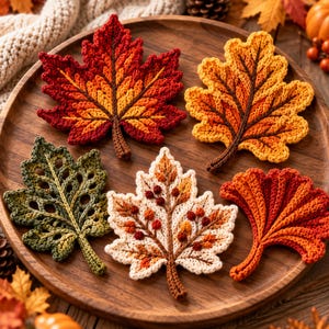 Può includere: Cinque sottobicchieri all'uncinetto a forma di foglia in vari colori autunnali. Uno è rosso e arancione intenso, uno giallo oro, uno verde oliva traforato, uno color crema con piccole bacche rosse e uno a forma di ventaglio rosso e arancione.
